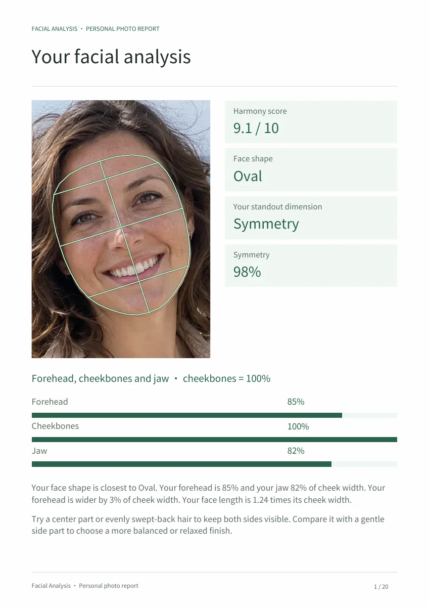 Facial analysis report cover with an annotated portrait, face shape and personal score.