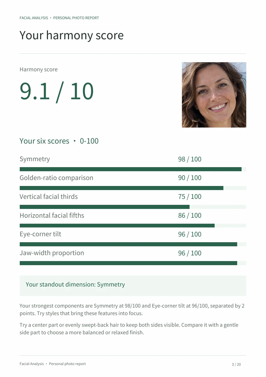 Facial analysis report page showing the overall score and six individual scores.